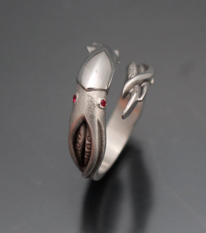 squid ring  silver with gem eyes
