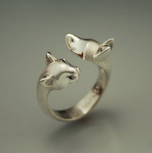 cat and dog ring. silver