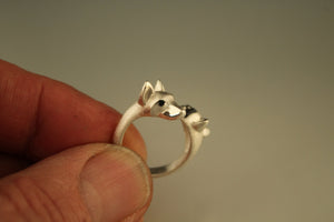 cat and dog ring. silver