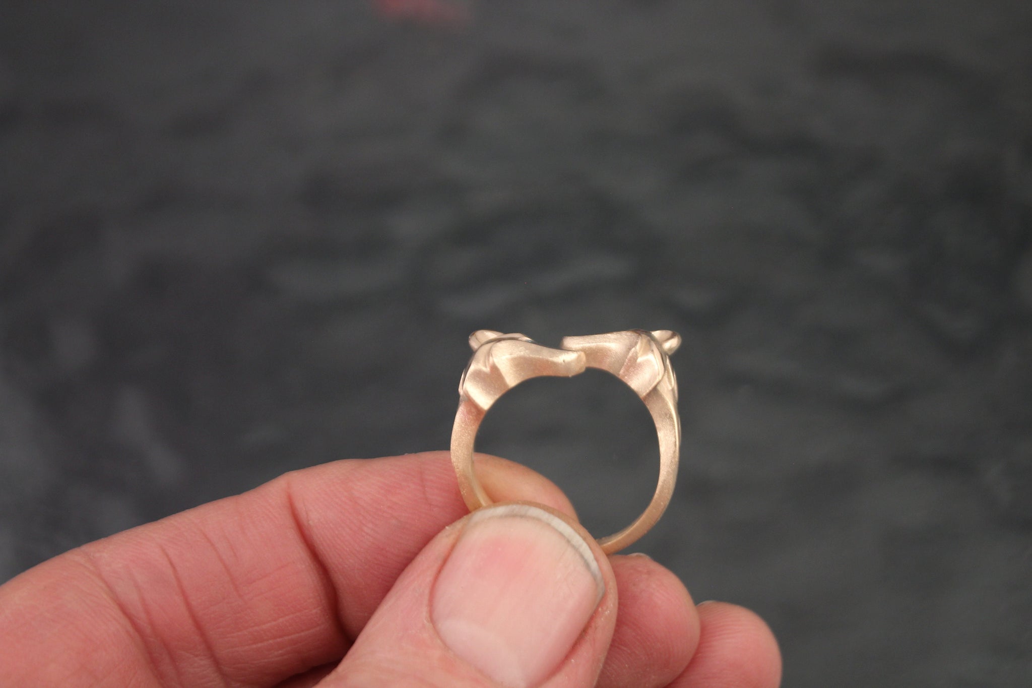 double fox ring.  14 k gold , diamond eyes