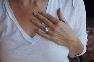 bunny love ring, sterling with blue and pink sapphire eyes