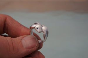 bunny love ring, sterling with blue and pink sapphire eyes