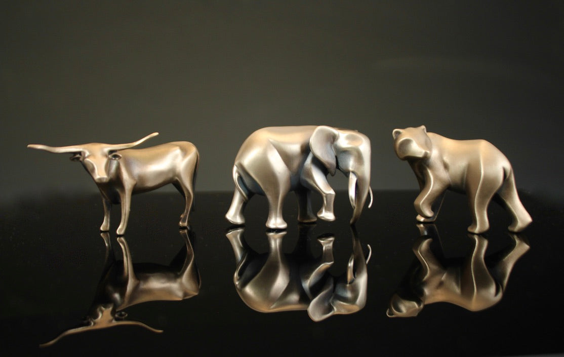 Bronze Sculptures - Long Horn, Grizzly Bear & Bull Elephant