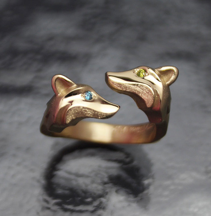 Double Fox ring in 14k Silver, Bronze or Gold with Diamond Eyes