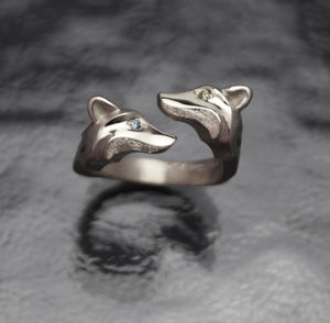 Double Fox ring in 14k Silver, Bronze or Gold with Diamond Eyes