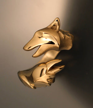 raven and wolf ring, bright bronze