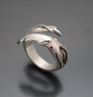 silver squid ring with gemstone eyes