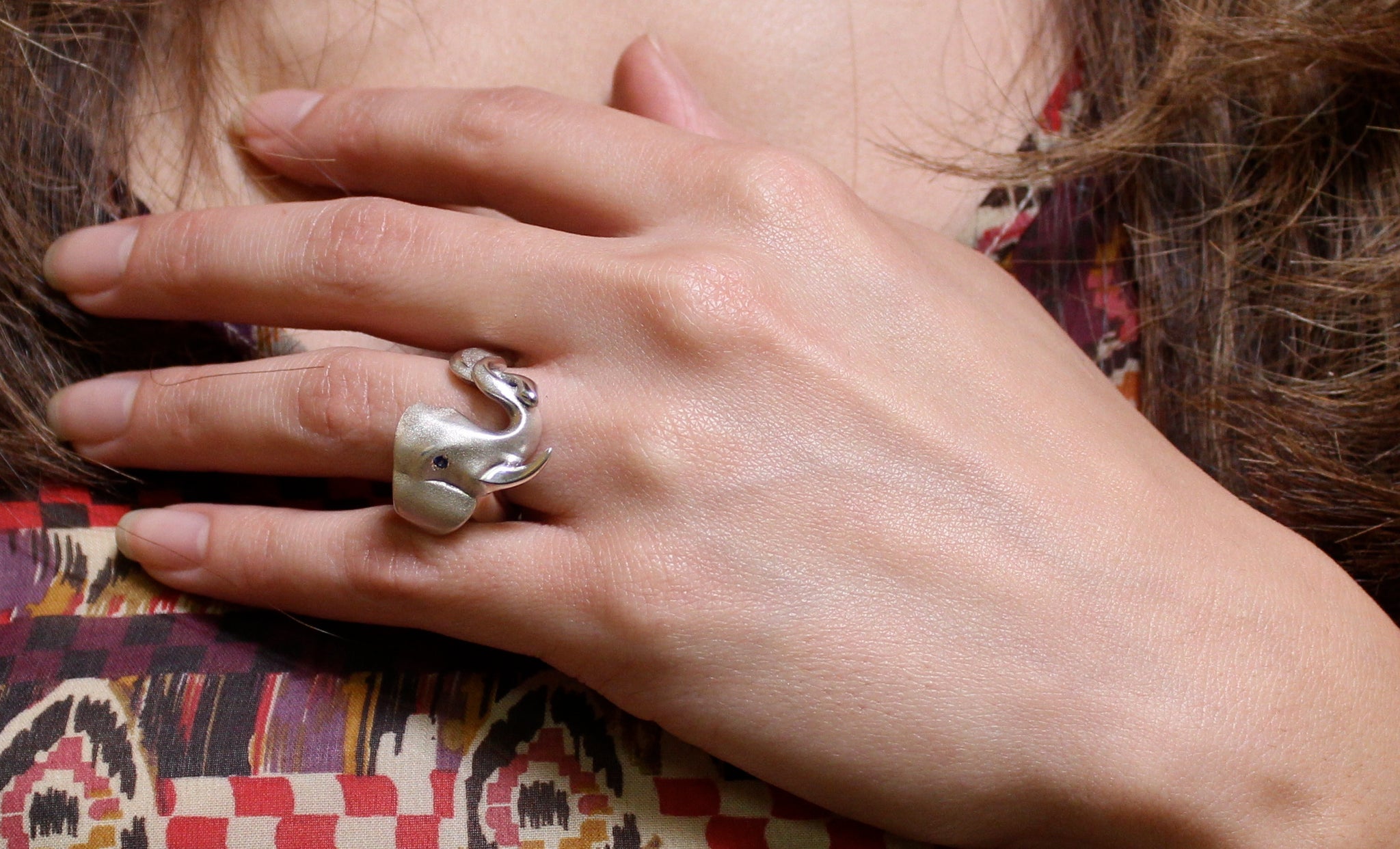 elephant silver ring with gemstone eyes