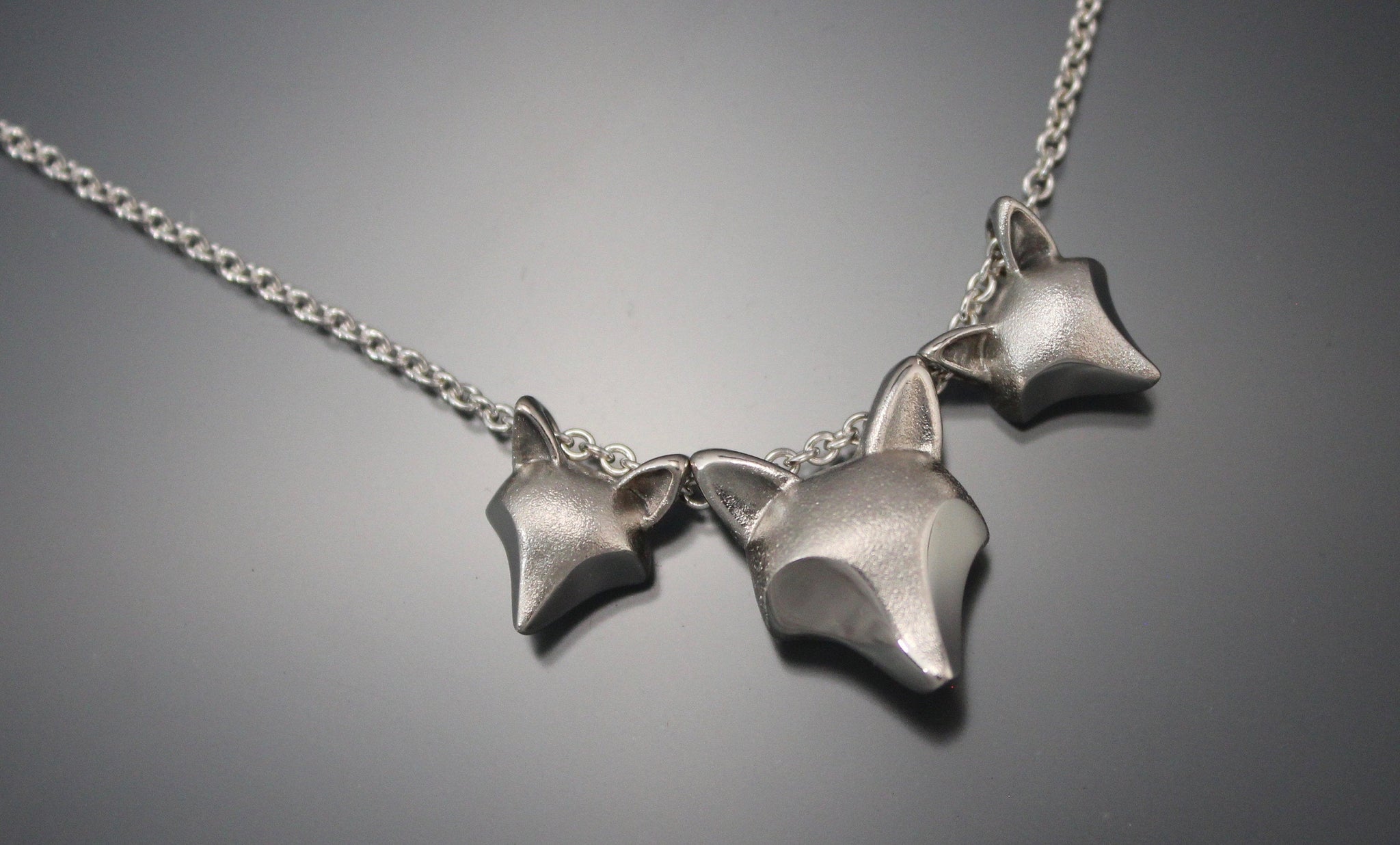 Fox kits, mother and babies necklace, sterling silver