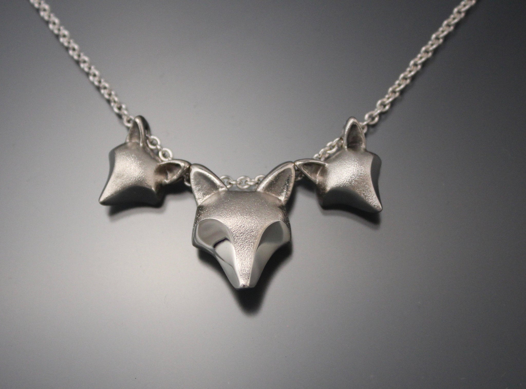 Fox kits, mother and babies necklace, sterling silver