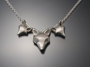 Fox kits, mother and babies necklace, sterling silver