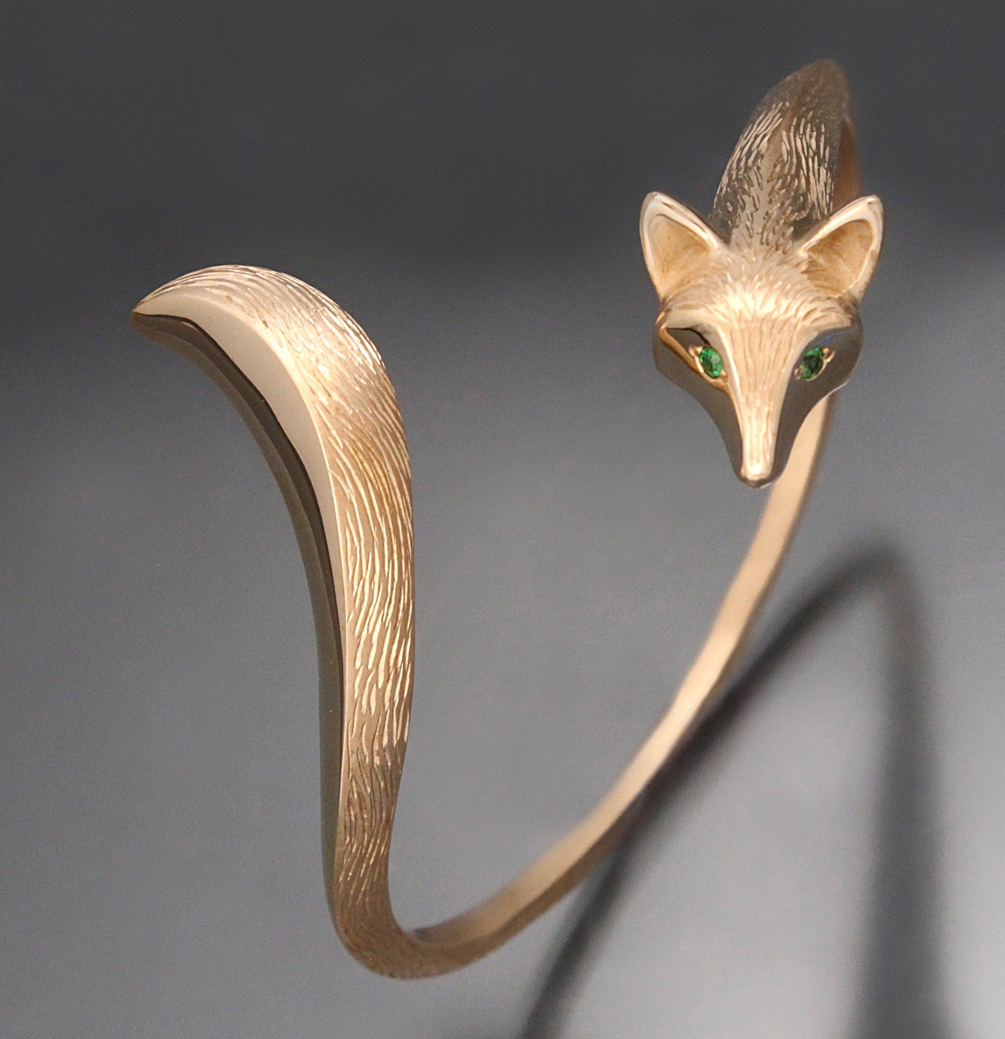 bronze fox bracelet with hand engraved fur