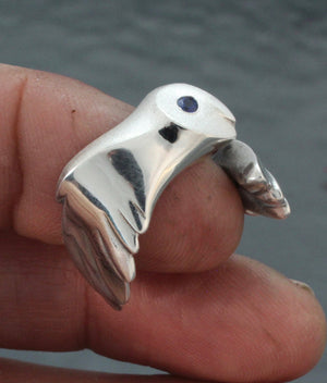 silver owl ring with gemstone eyes