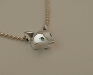 silver fox pendant with gemstone eyes, high polished with chain