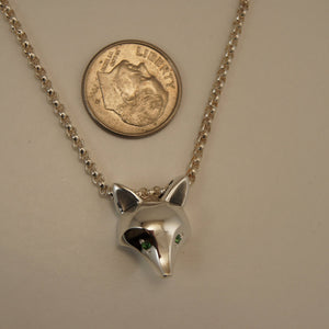 silver fox pendant with gemstone eyes, high polished with chain
