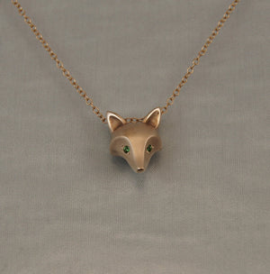 bronze fox pendant, gemstone eyes pick your color with gold filled chain