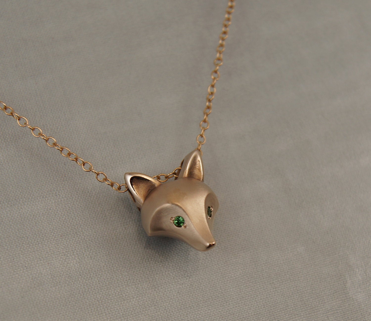 bronze fox pendant, gemstone eyes pick your color with gold filled chain