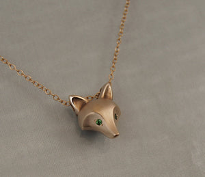 bronze fox pendant, gemstone eyes pick your color with gold filled chain