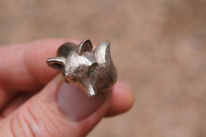 bronze furry fox ring with colored stone eyes