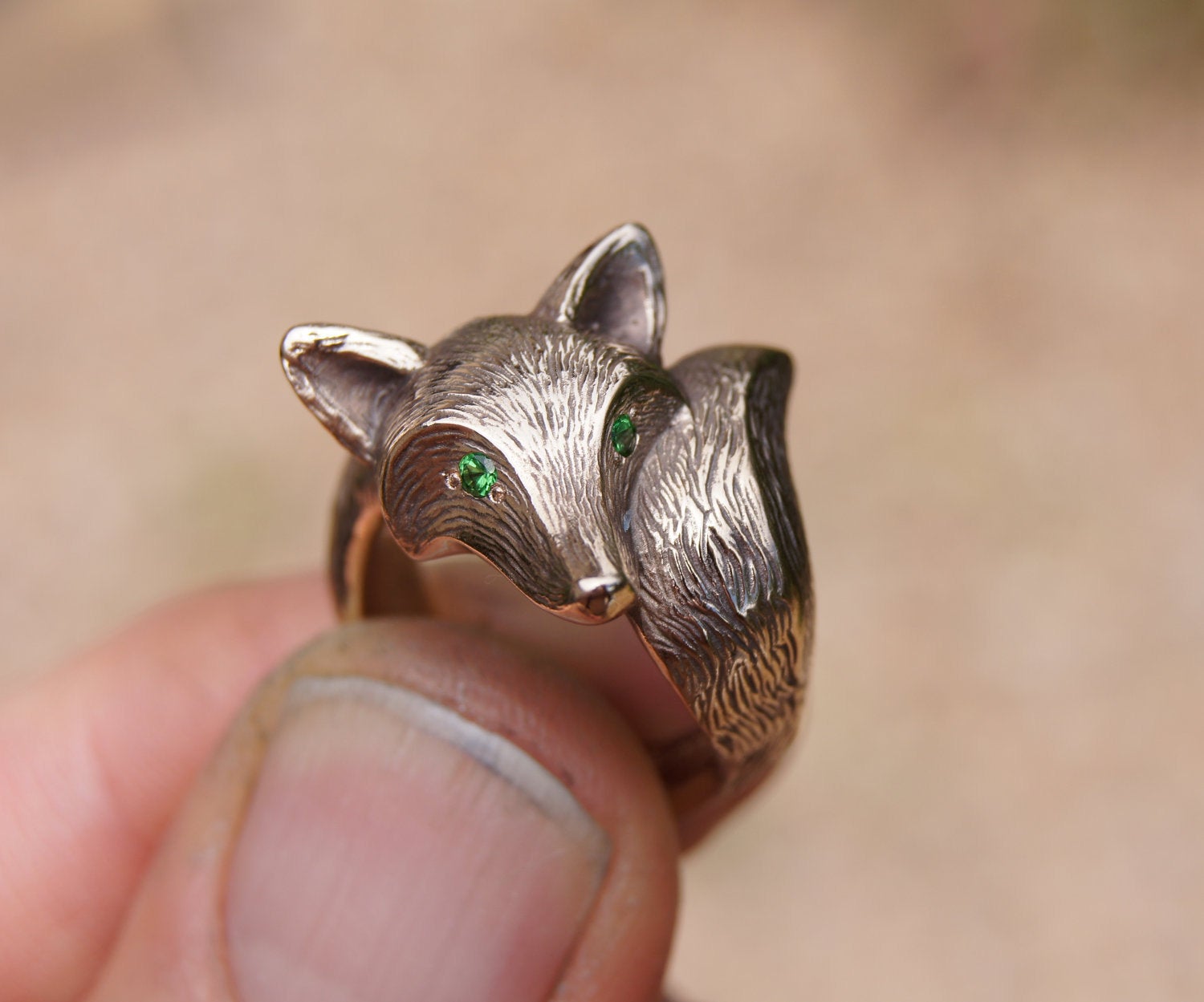 bronze furry fox ring with colored stone eyes
