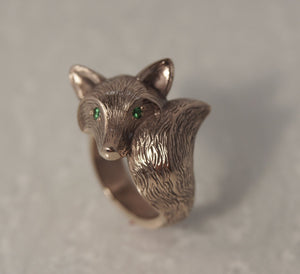 bronze furry fox ring with colored stone eyes
