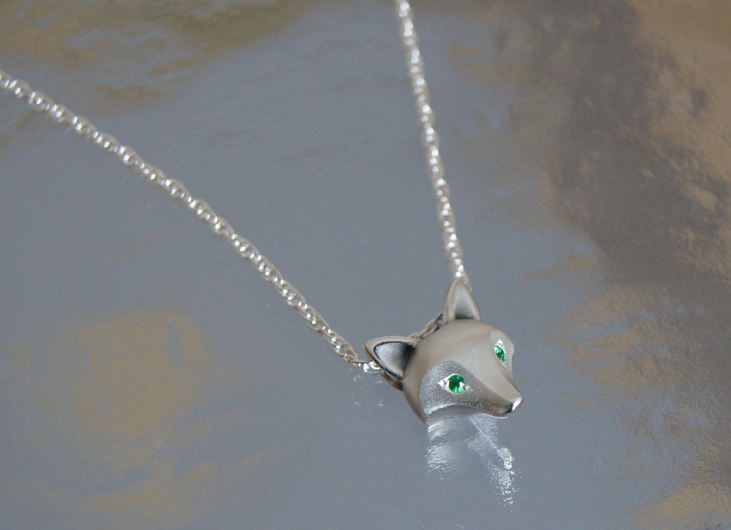 silver fox pendant with colored gemstone eyes, satin finish