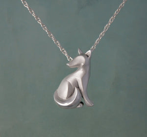 sitting  silver  kit fox pendant , satin finish