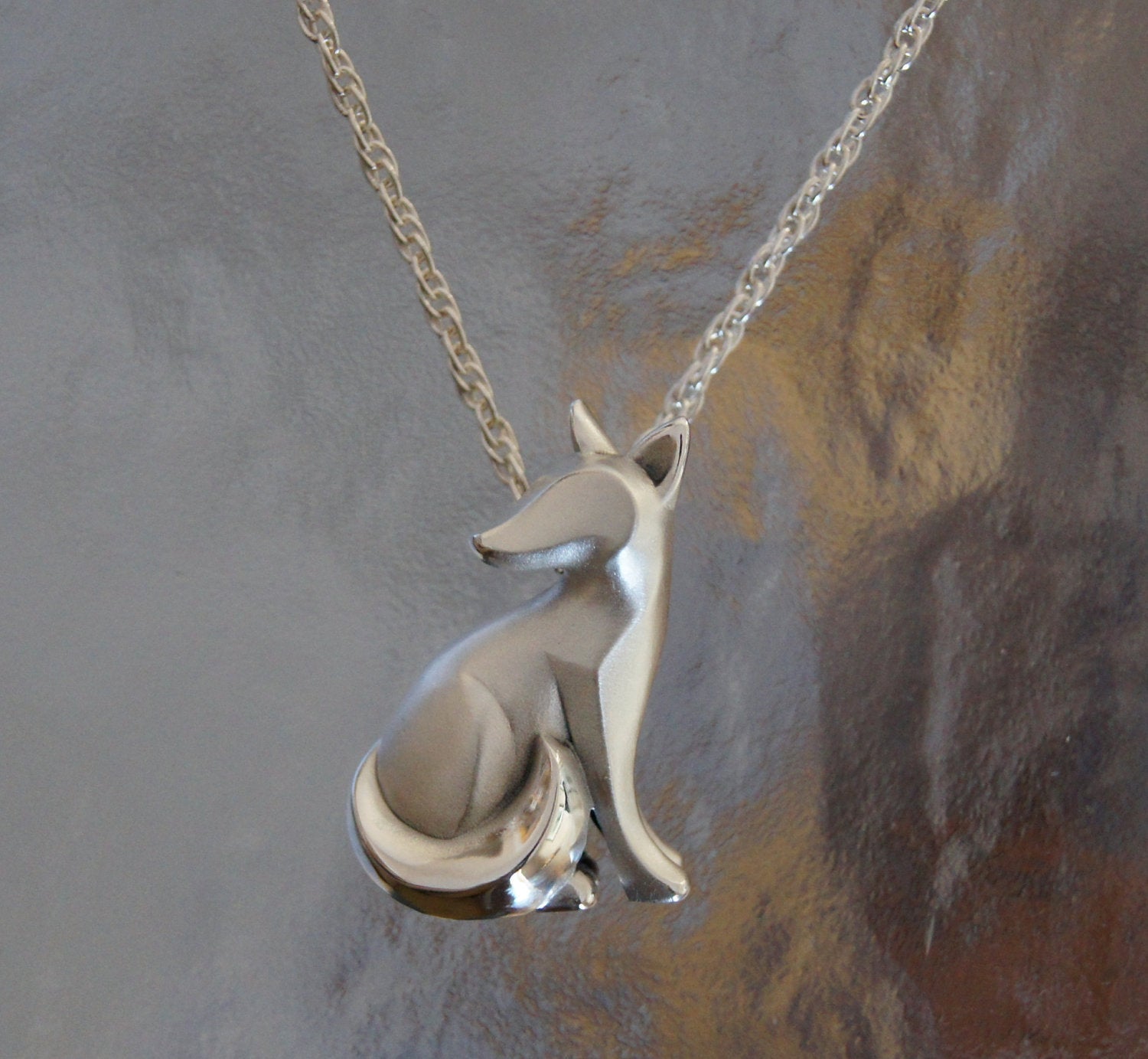 sitting  silver  kit fox pendant , satin finish