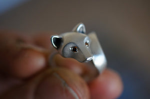 Silver Shiba Inu ring with diamond eyes