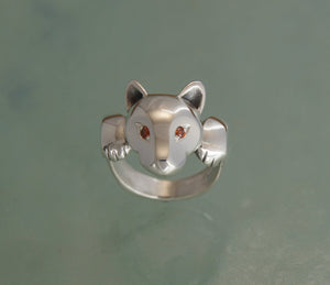 leaping puma silver ring with diamond eyes