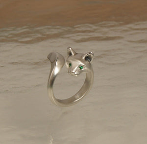 Forrest cat silver ring, colored gemstone eyes, satin/ high polish finish