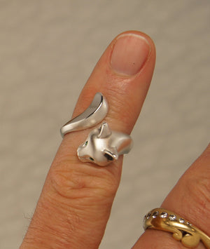 Forrest cat silver ring, colored gemstone eyes, satin/ high polish finish