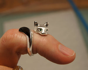 Forrest cat silver ring, colored gemstone eyes, satin/ high polish finish