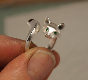 Forrest cat silver ring, colored gemstone eyes, satin/ high polish finish
