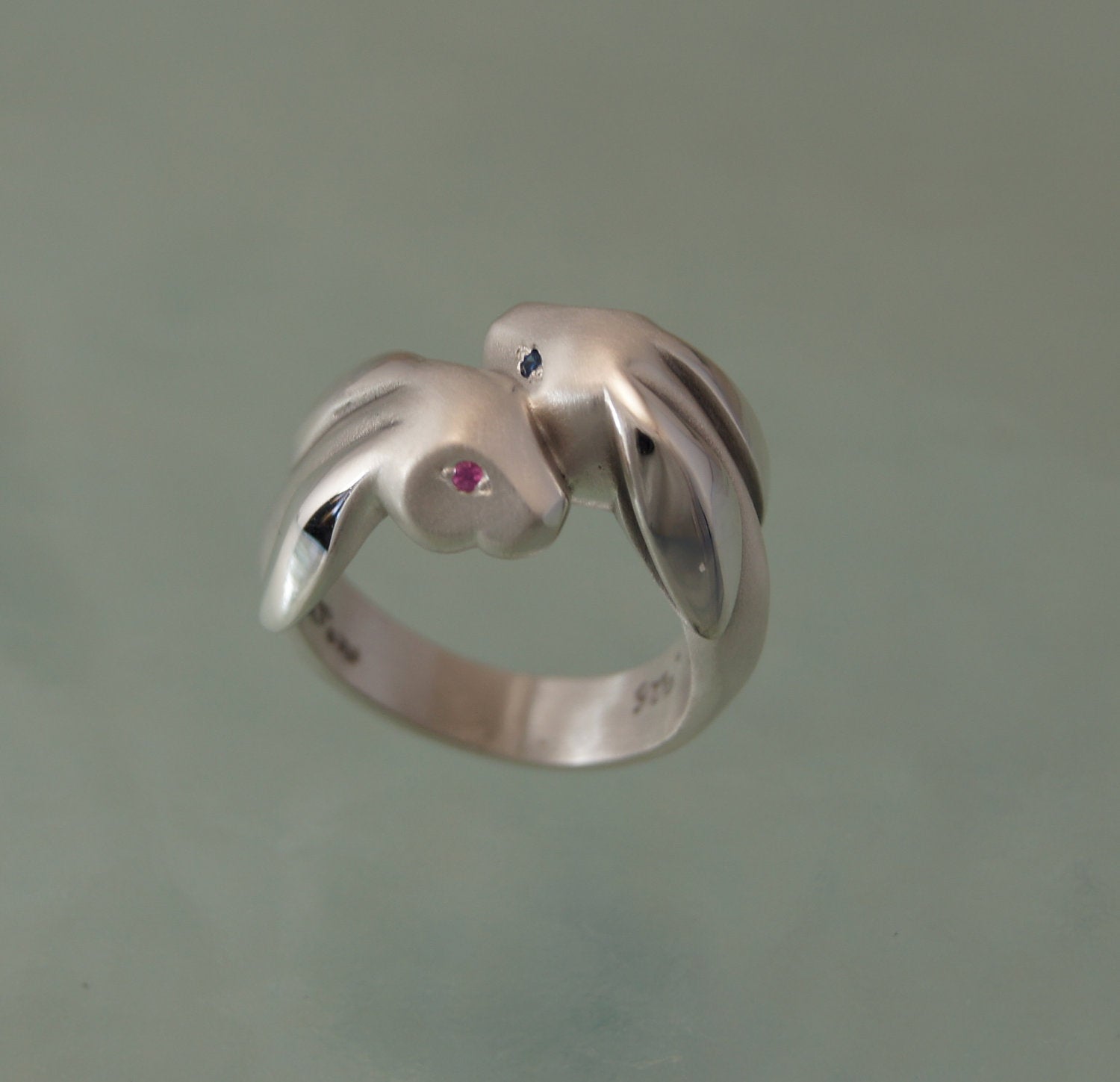 bunny love ring, sterling silver with blue and pink sapphire eyes