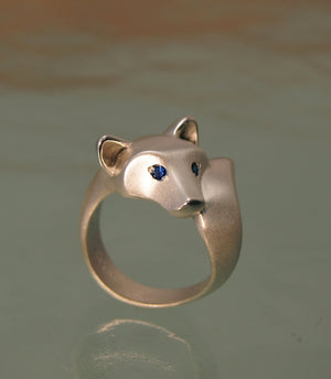 Shiba Inu silver ring, with gemstone eyes