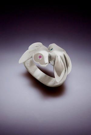 bunny love ring, sterling silver with blue and pink sapphire eyes