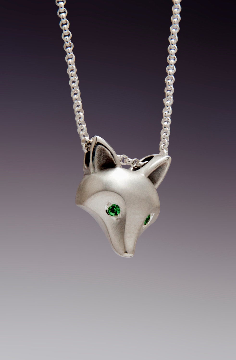 silver fox pendant with colored gemstone eyes, satin finish