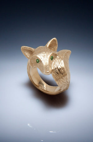 bronze furry fox ring with colored stone eyes