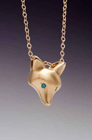 14k Gold fox pendant, blue diamond eyes, 14k gold 18" chain