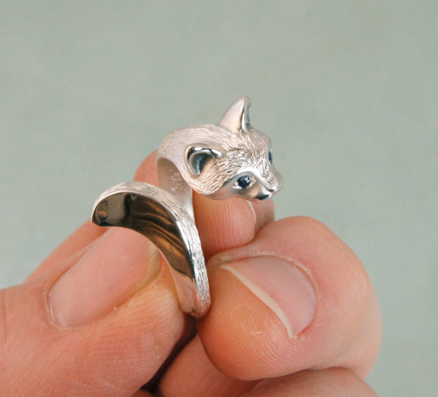 forest cat silver ring, hand engraved furry, with gemstone eyes