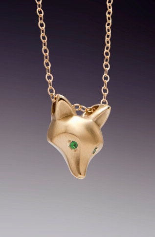 bronze fox pendant, gemstone eyes pick your color with gold filled chain