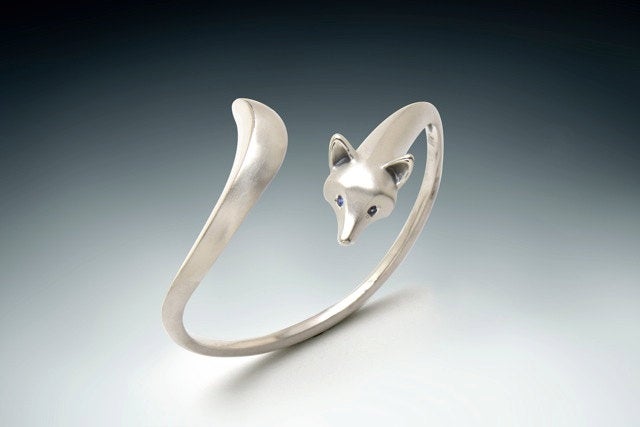 Fox bracelet, diamond eyes, sterling silver