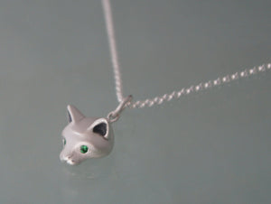 forest cat pendant in silver with gemstone eyes, pick your color