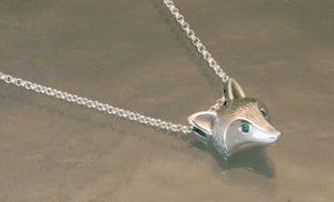 silver furry fox head pendant, with diamonds