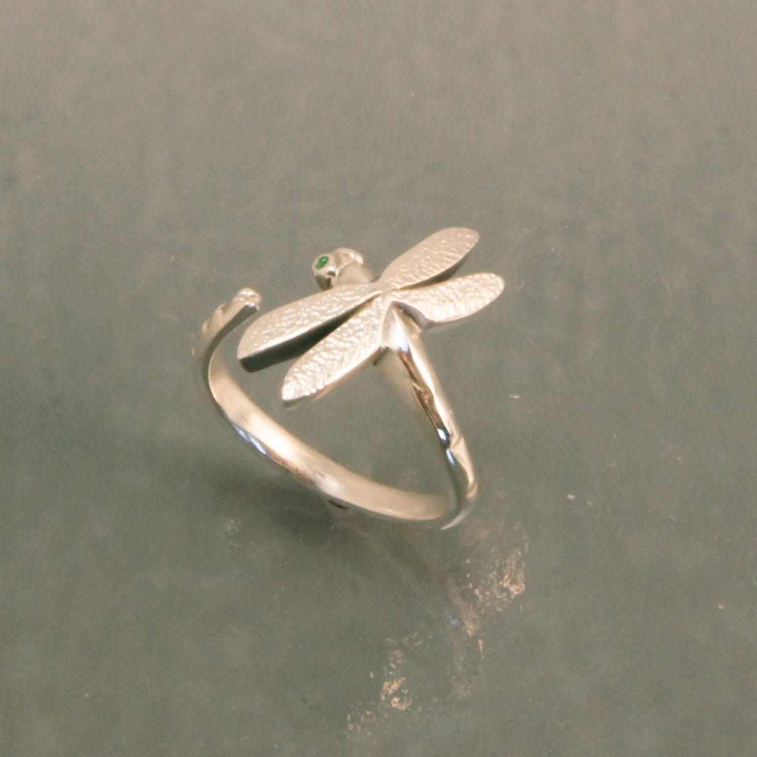 dragonfly ring in silver,  gemstone eyes