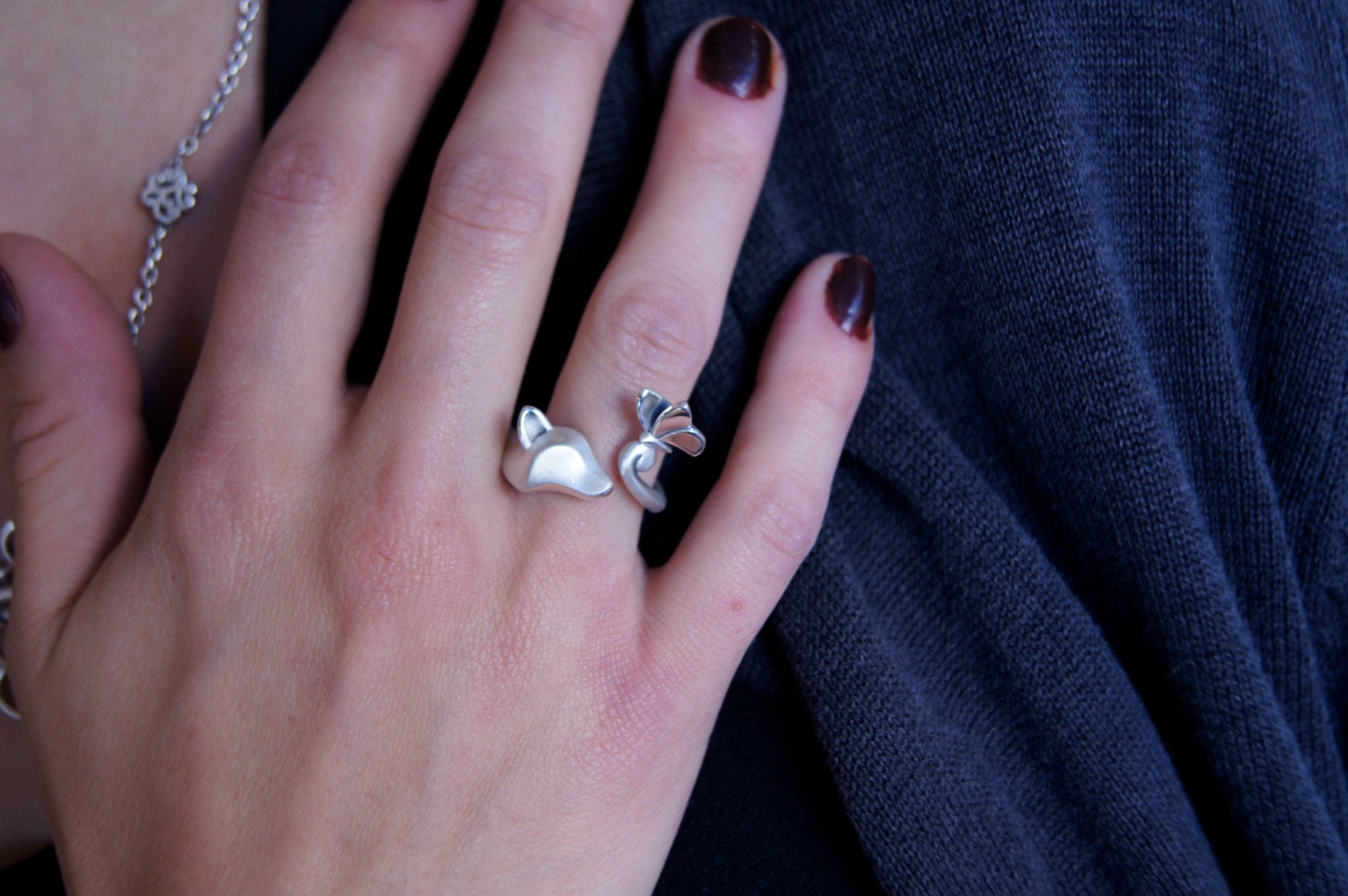 fox and butterfly silver ring with gemstone eyes