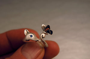 fox and butterfly silver ring with gemstone eyes