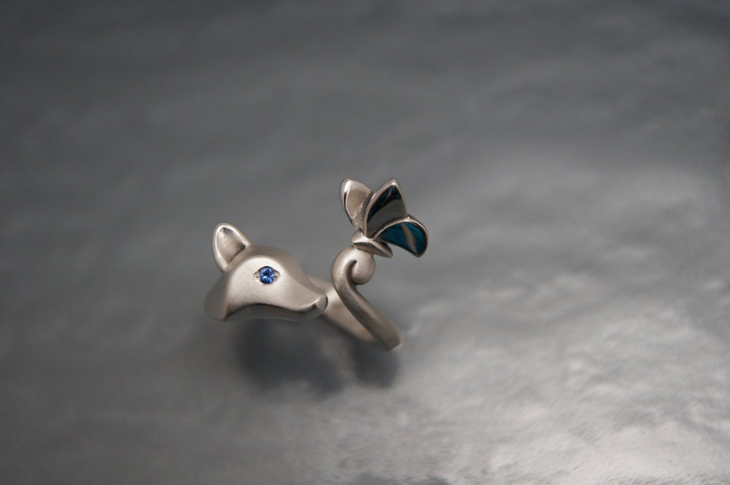 fox and butterfly silver ring with gemstone eyes