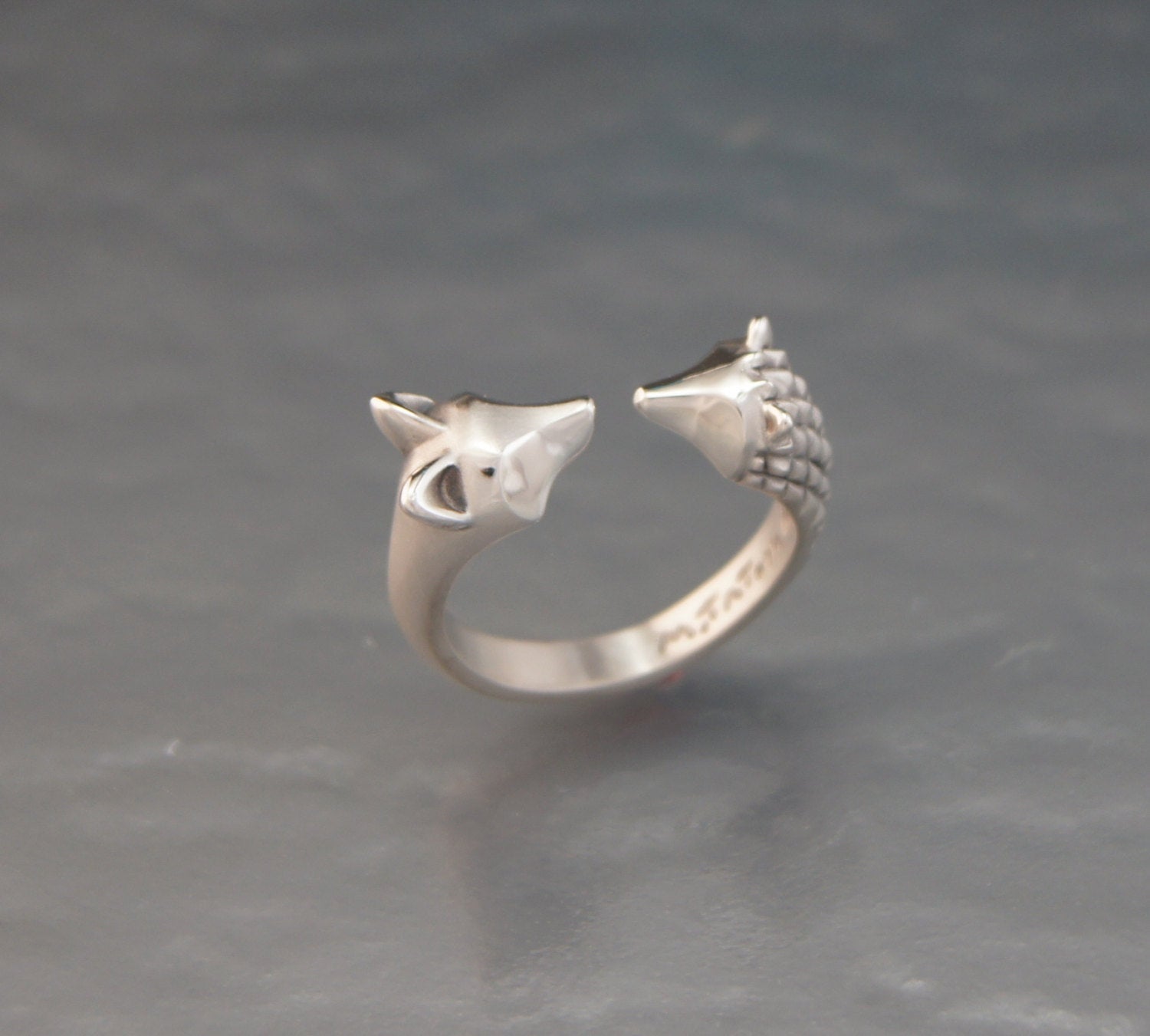 curious hedge hog & fox silver ring